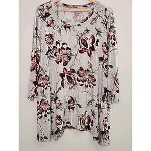 NWT New Directions Womens 3X  Floral Longsleeve Gray Stretch Top Lightweight